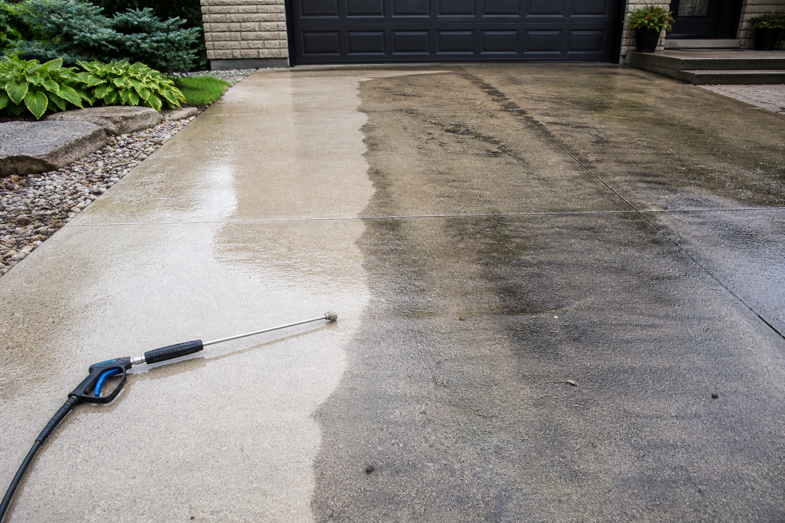 Pressure washing a driveway