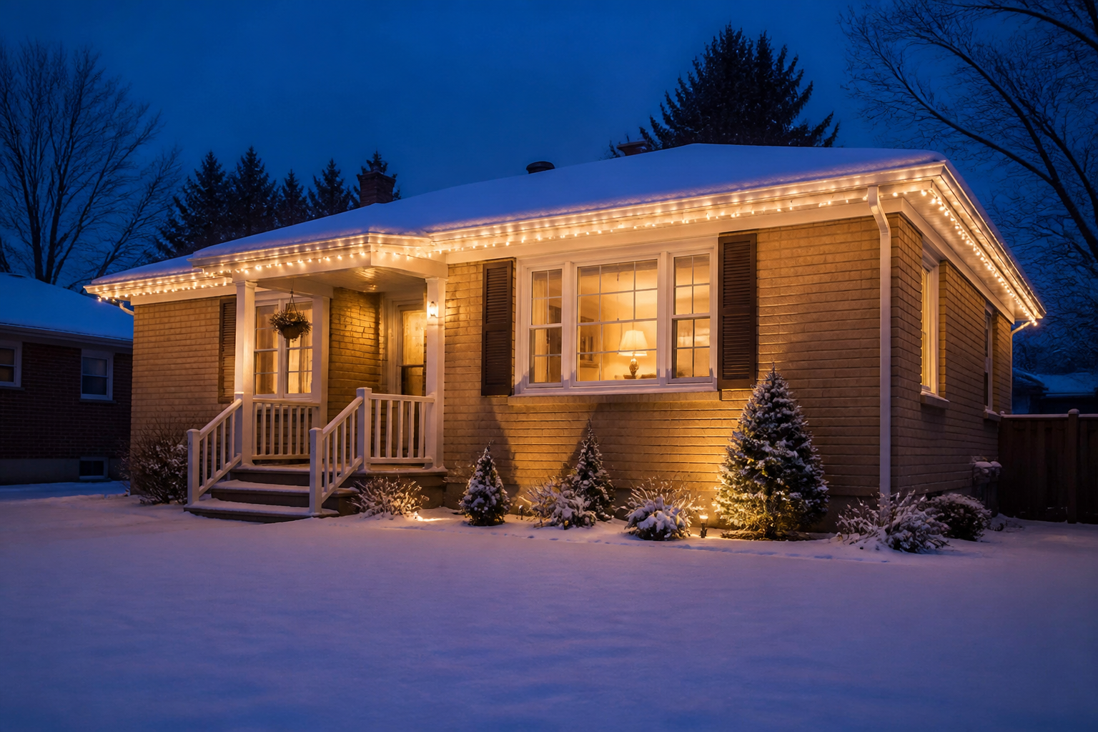 Christmas lights on a bungalow