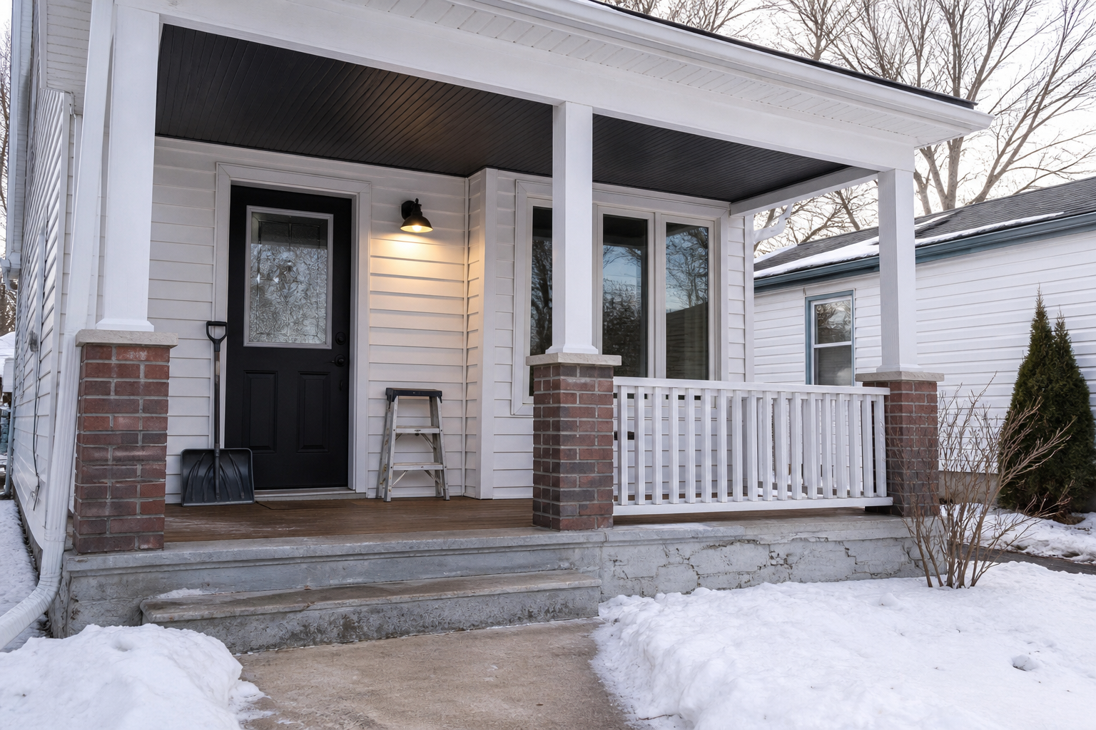 Cleared porch with a new light and snow shovel by the door