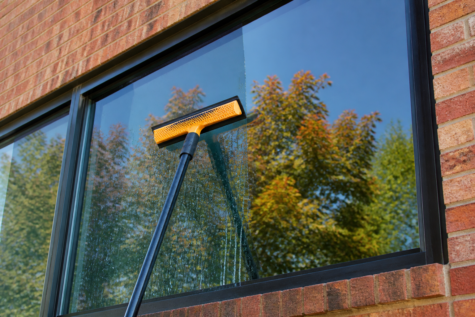 Squeegee pulling water down a picture window